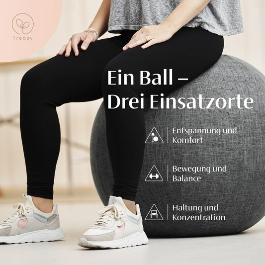 Treasy Sitzball mit grauem Stoffbezug – vielseitig nutzbar für Büro, Training und Entspannung
