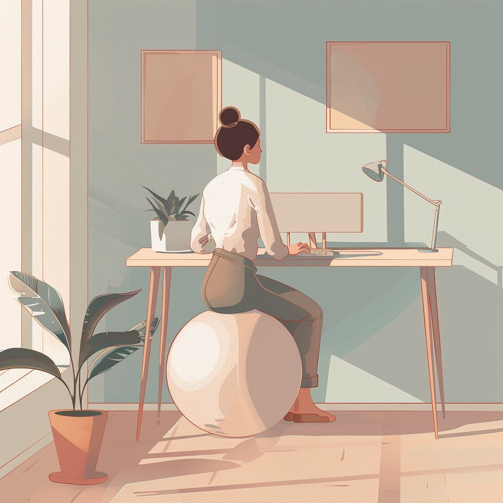 Illustration einer Frau, die im Home Office auf einem ergonomischen Sitzball arbeitet – modernes, gesundes und stilvolles Arbeitsplatzdesign mit natürlichem Licht.