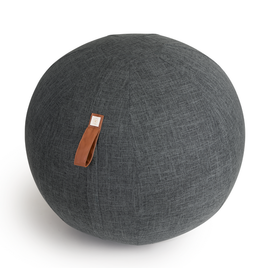 Treasy Design-Sitzball in Anthrazit mit Stoffbezug in Leinenoptik und braunem Kunstledergriff