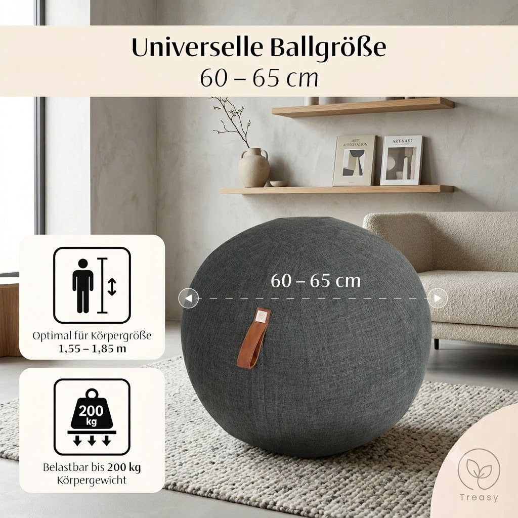 Treasy Design-Sitzball im Wohnzimmer mit Maßangabe 60–65 cm, optimal für 1,55–1,85 m Körpergröße, belastbar bis 200 kg