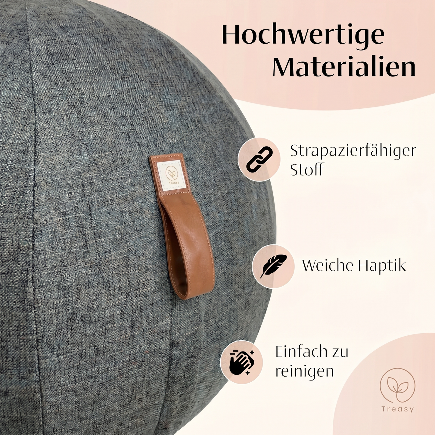 Nahaufnahme vom Stoffbezug des Treasy Design-Sitzballs: strapazierfähiges Gewebe, weiche Haptik, einfach zu reinigen