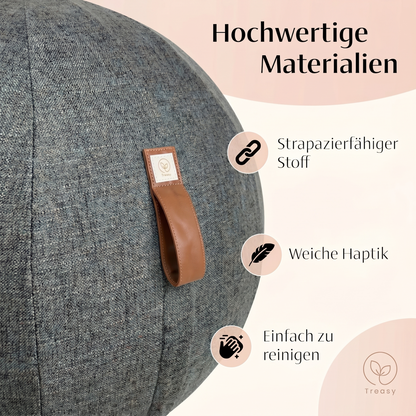 Nahaufnahme vom Stoffbezug des Treasy Design-Sitzballs: strapazierfähiges Gewebe, weiche Haptik, einfach zu reinigen
