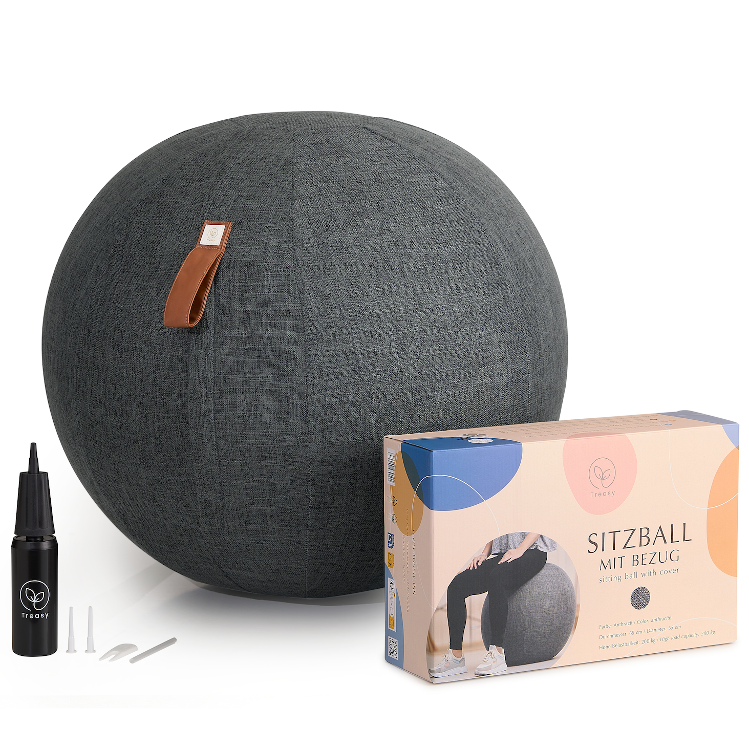 Treasy Design-Sitzball in Anthrazit mit Handpumpe, Ventilstöpseln, Ablasswerkzeug und Verpackung im Lieferumfang