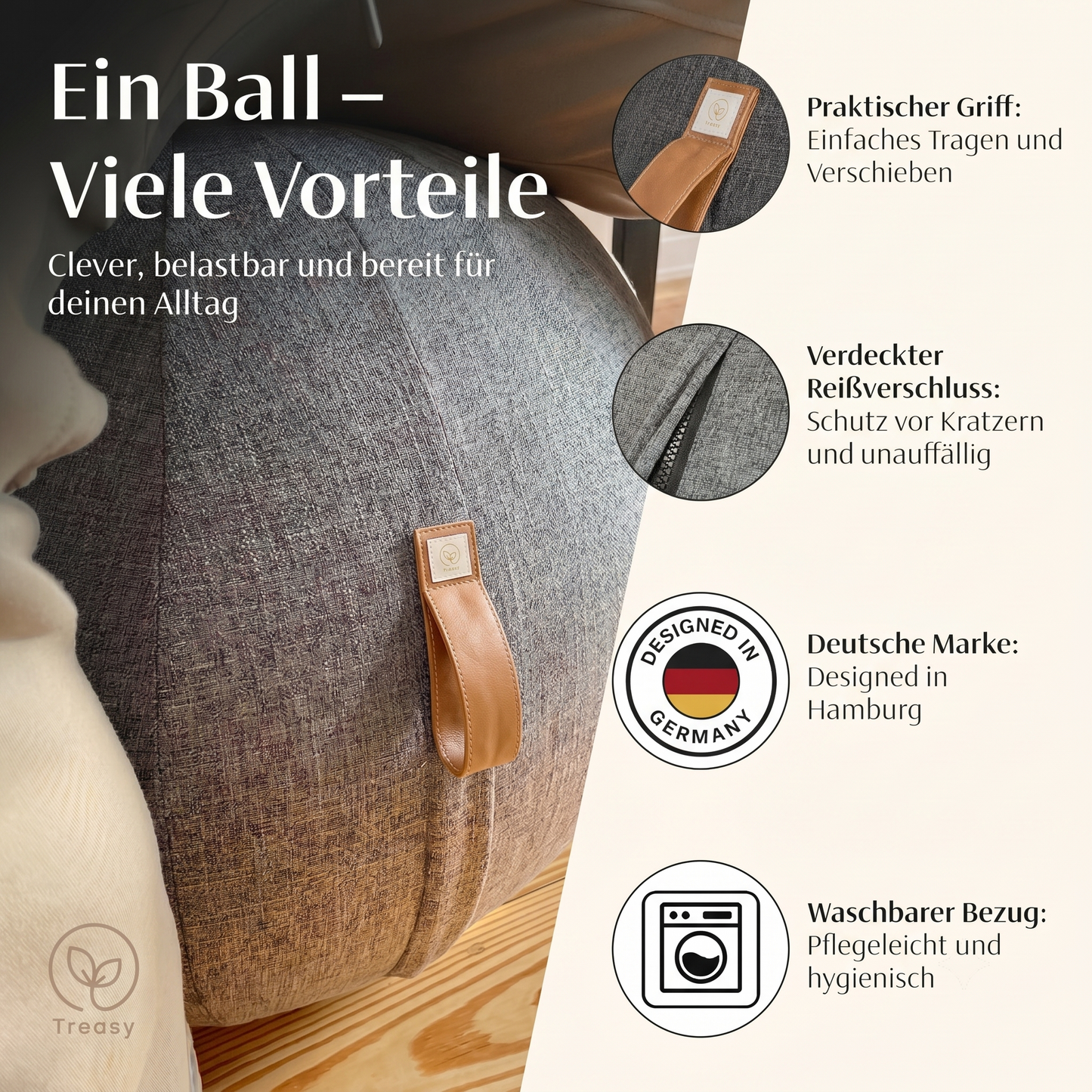 Treasy Design-Sitzball: Kunstledergriff zum Tragen, verdeckter Reißverschluss, deutsche Marke aus Hamburg, waschbarer Bezug