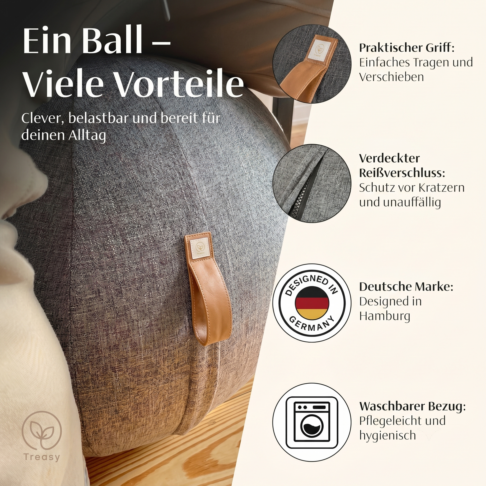 Treasy Design-Sitzball: Kunstledergriff zum Tragen, verdeckter Reißverschluss, deutsche Marke aus Hamburg, waschbarer Bezug