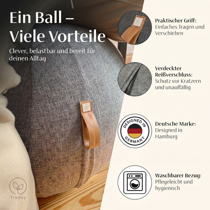 Treasy Design-Sitzball: Kunstledergriff zum Tragen, verdeckter Reißverschluss, deutsche Marke aus Hamburg, waschbarer Bezug