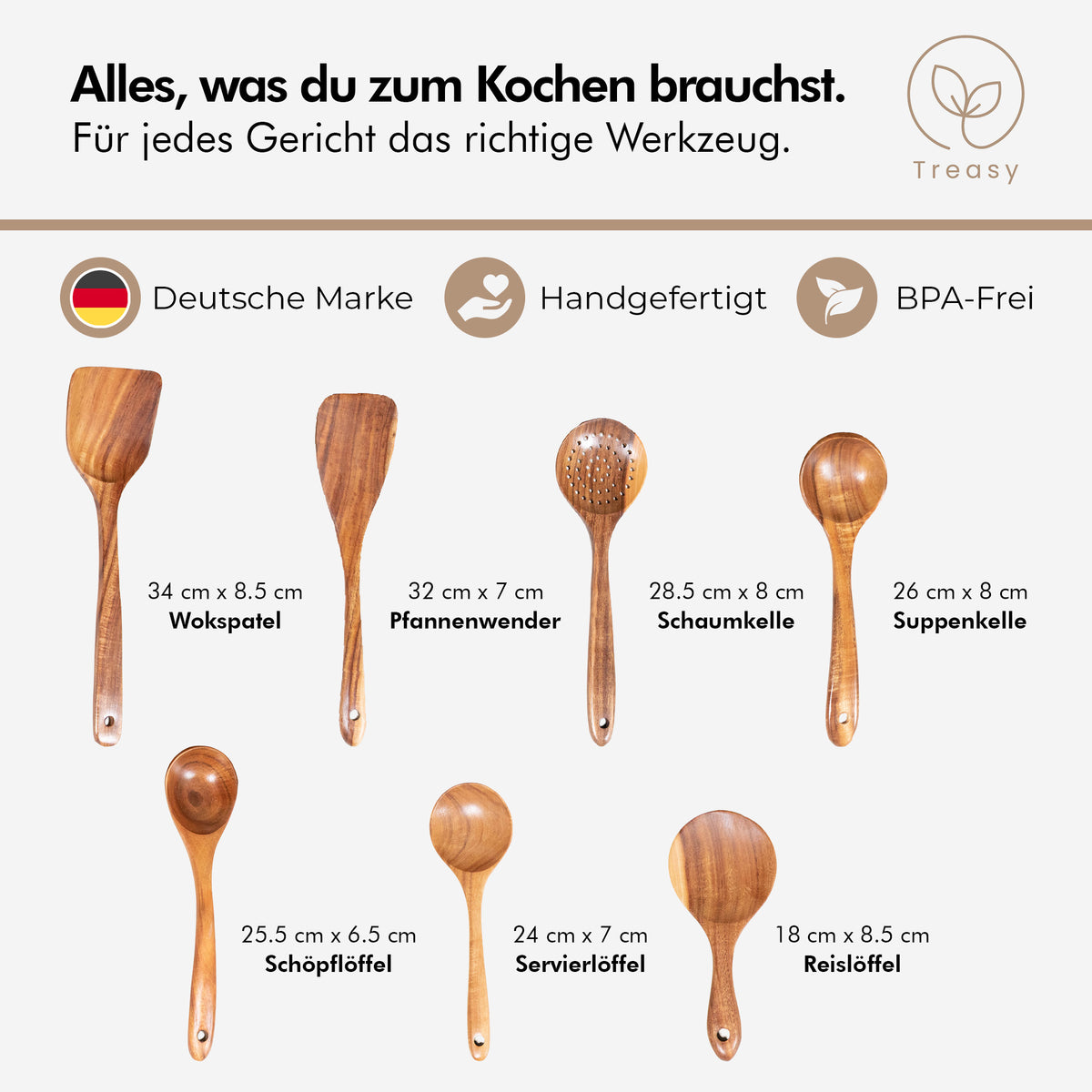 Treasy Kochset aus Akazienholz mit Maßen: Wokspatel, Pfannenwender, Schaumkelle, Suppenkelle, Schöpflöffel, Servierlöffel, Reislöffel