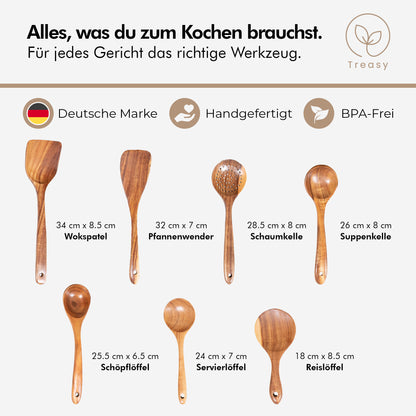 Treasy Kochset aus Akazienholz mit Maßen: Wokspatel, Pfannenwender, Schaumkelle, Suppenkelle, Schöpflöffel, Servierlöffel, Reislöffel