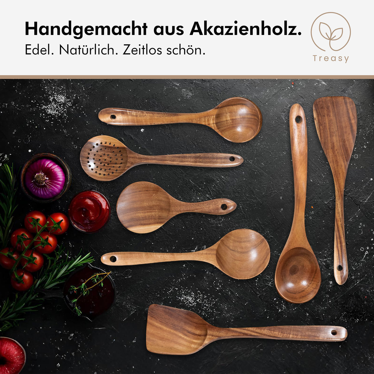 Treasy Kochset aus Akazienholz mit sieben Teilen von oben: Schöpfkellen, Schaumlöffel, Reislöffel und Pfannenwender