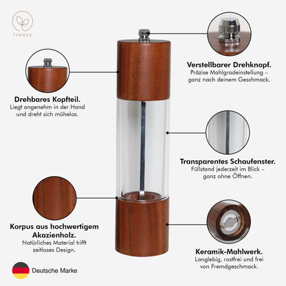 Treasy Mühle aus Akazienholz mit Beschriftung: drehbares Kopfteil, verstellbarer Drehknopf, Schaufenster, Keramik-Mahlwerk