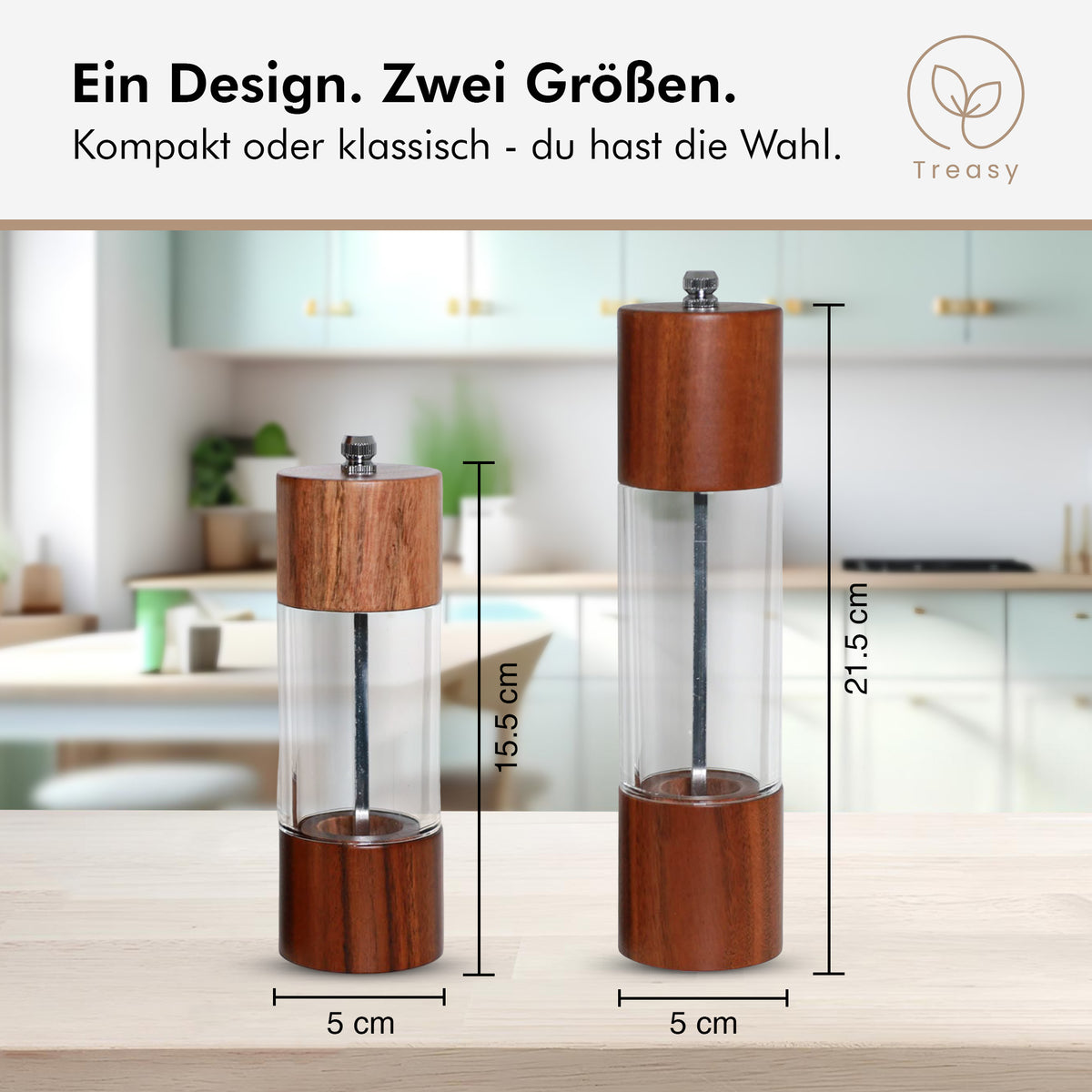 Treasy Mühlen aus Akazienholz in zwei Größen: 15,5 cm und 21,5 cm hoch, jeweils 5 cm Durchmesser