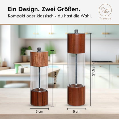 Treasy Mühlen aus Akazienholz in zwei Größen: 15,5 cm und 21,5 cm hoch, jeweils 5 cm Durchmesser