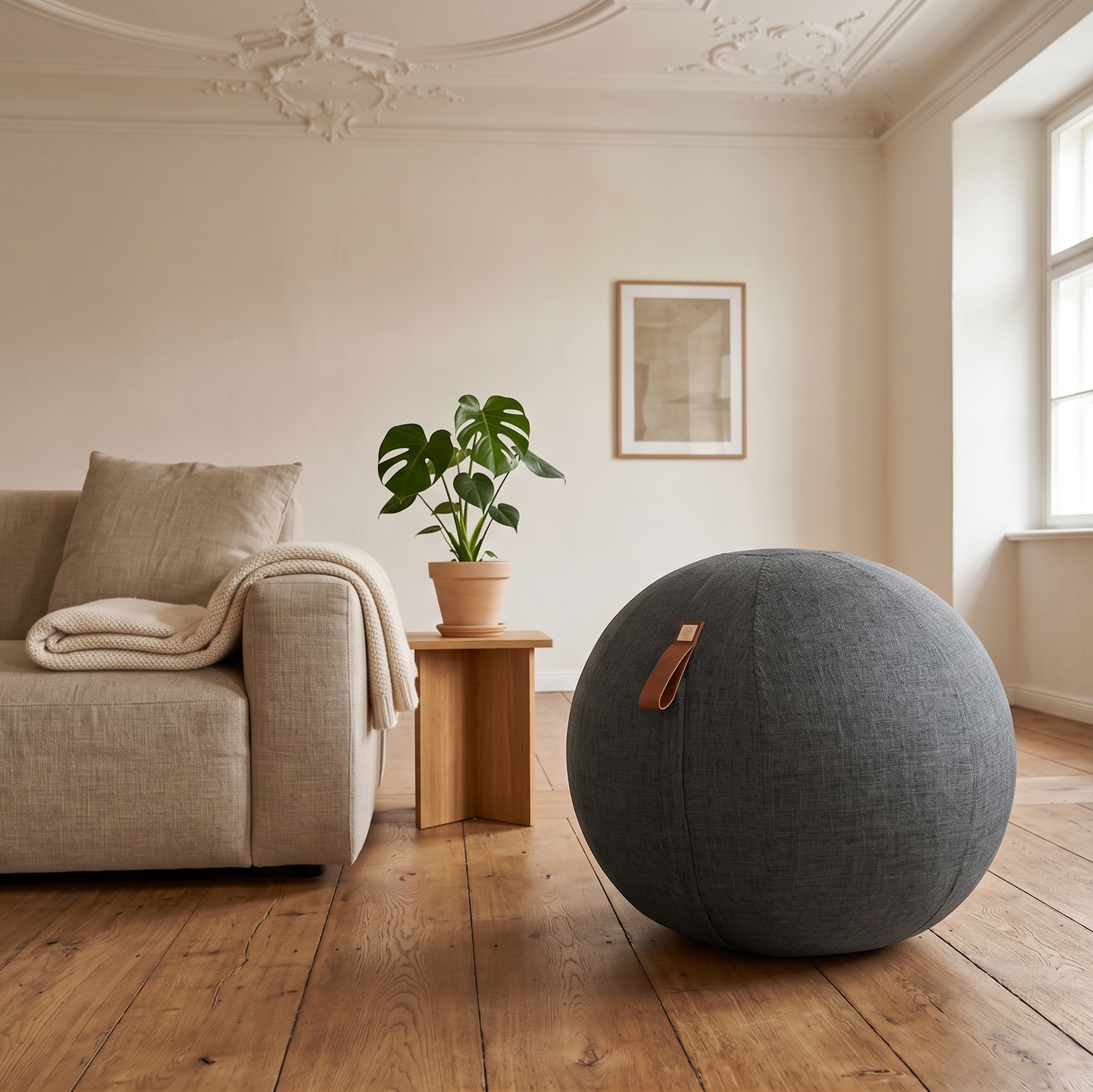 Treasy Sitzball in Anthrazit im hellen Altbau-Wohnzimmer neben Leinensofa, Beistelltisch und Monstera