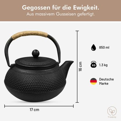 Treasy Teekanne aus Gusseisen mit Maßen: 850 ml Füllmenge, 16 cm hoch, 17 cm breit, 1,3 kg schwer